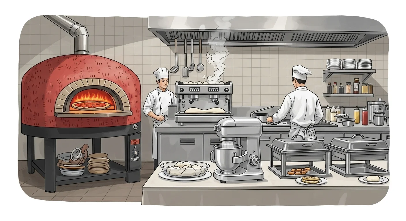 Commercial restaurant kitchen with pizza oven professional cooking equipment chefs