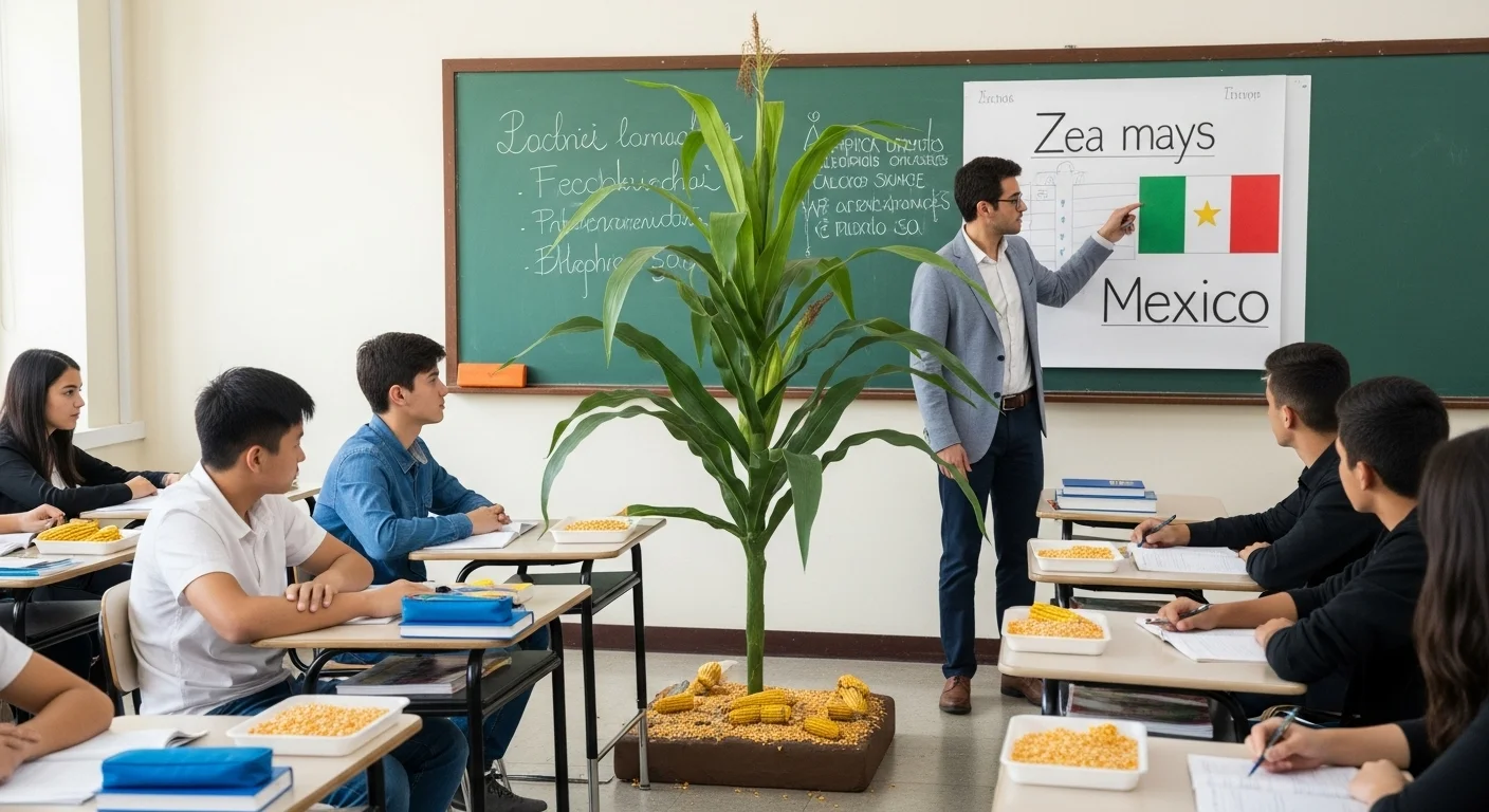 Teacher explaining corn history and Zea mays in classroom with Mexico flag