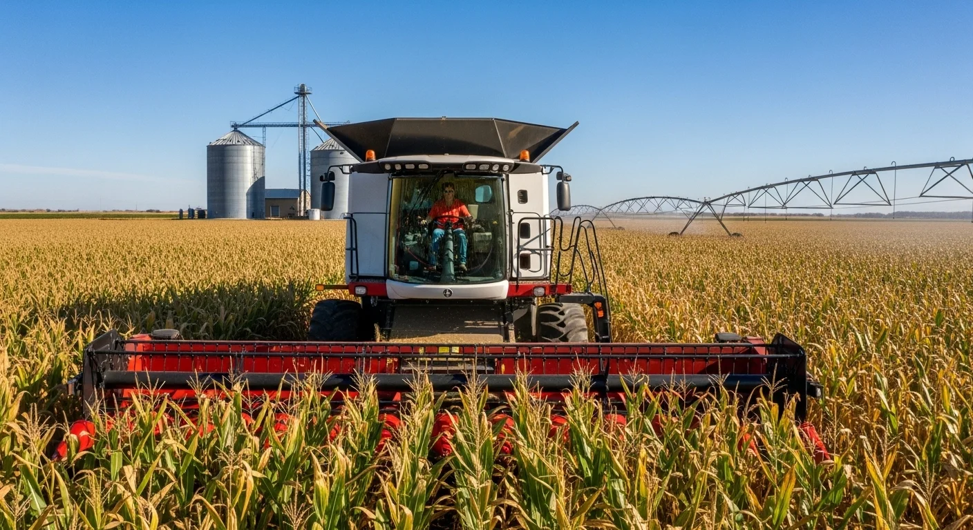 Large red and white combine harvester machine harvesting corn in golden field with grain storage silos and irrigation system in background