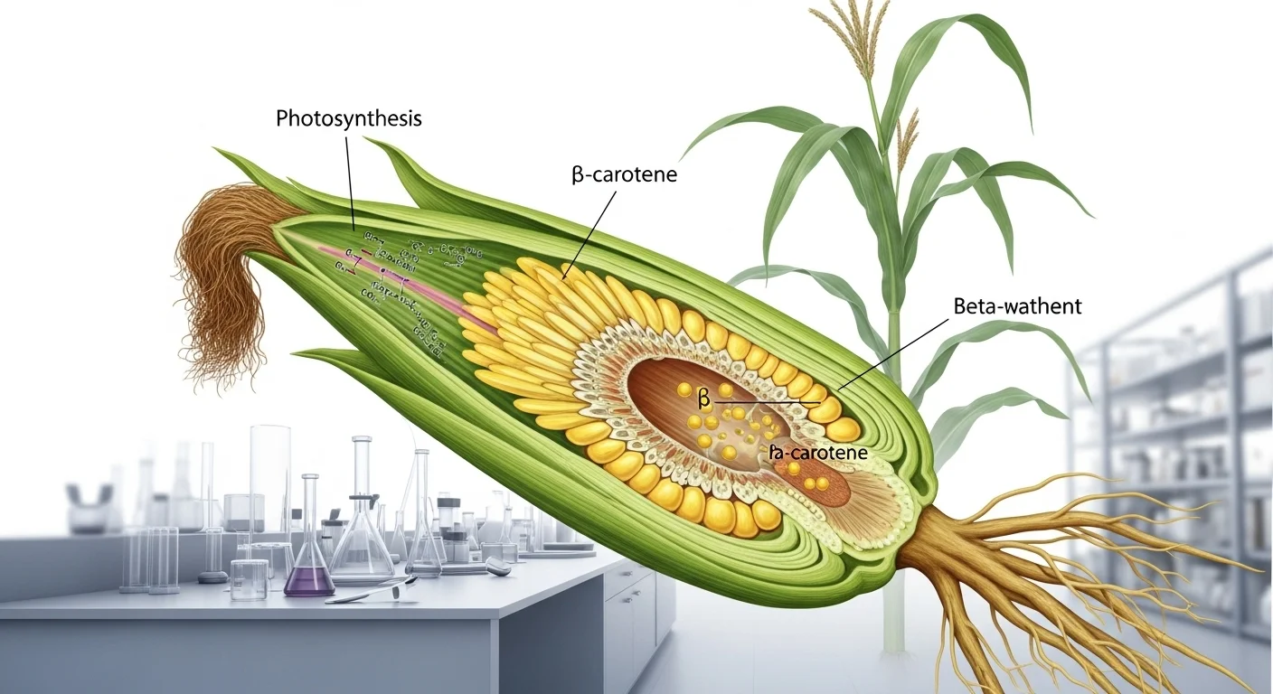 Detailed cross-section of corn kernel showing internal structure with labeled photosynthesis, beta-carotene, and beta-wathent components in laboratory setting