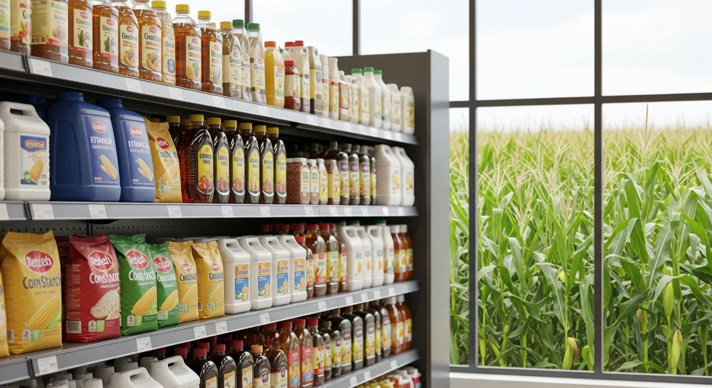 Grocery store shelves displaying corn-based products including cornstarch, ethanol, and processed foods with corn field visible through window