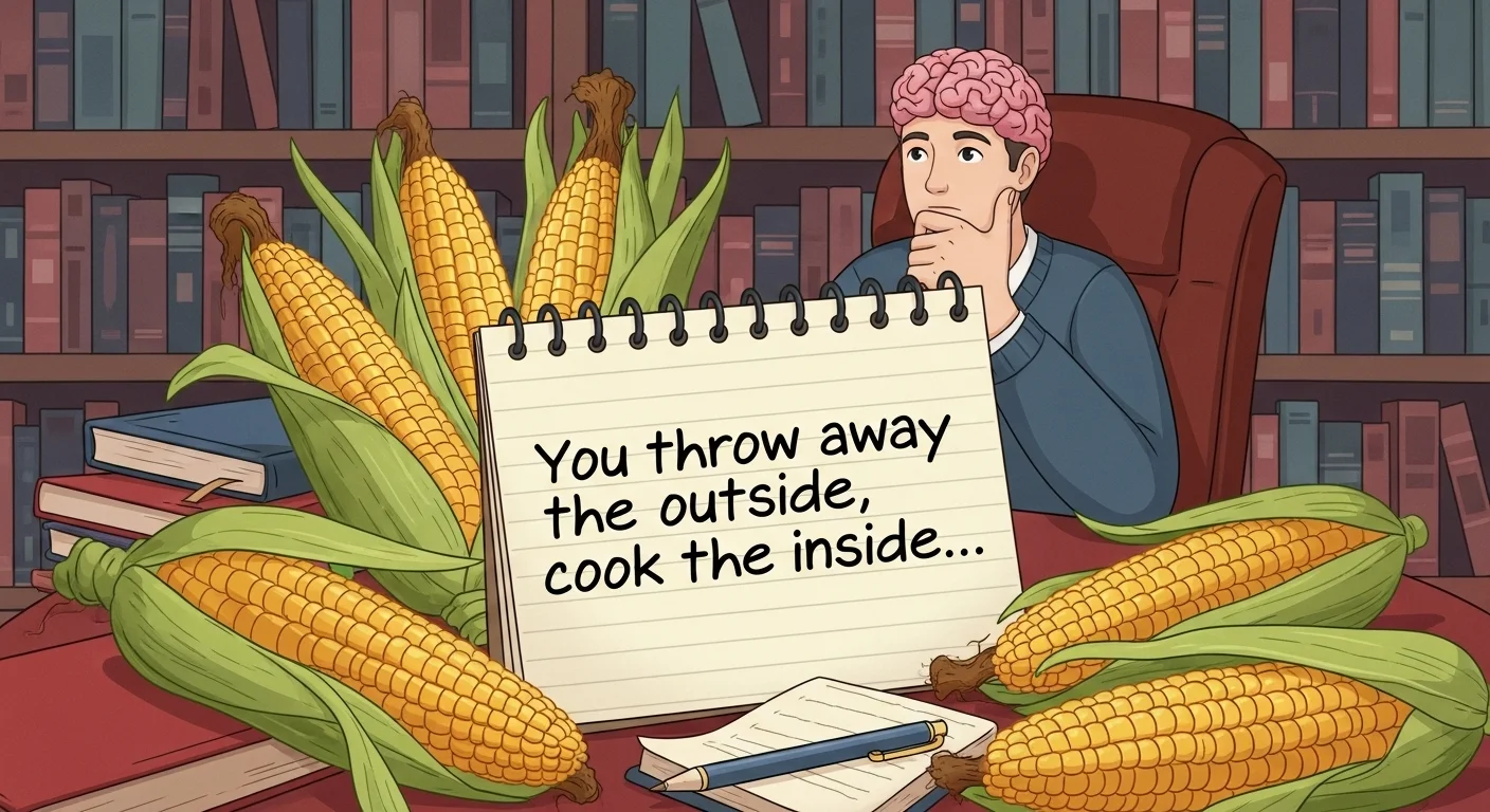 Person thinking about corn riddle "throw away outside cook inside" with corn ears in library