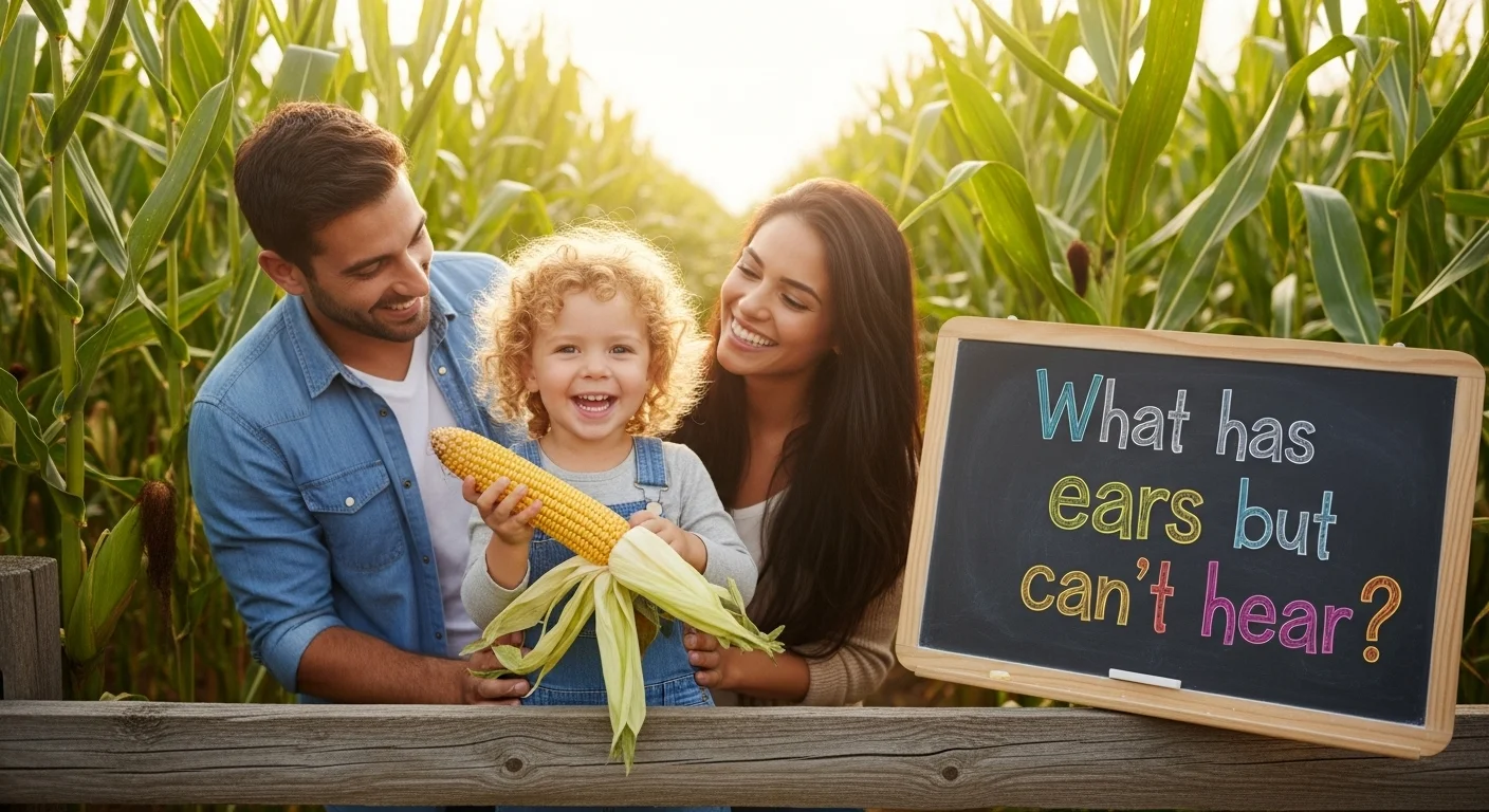 Family with corn riddle "What has ears but can't hear?" written on chalkboard
