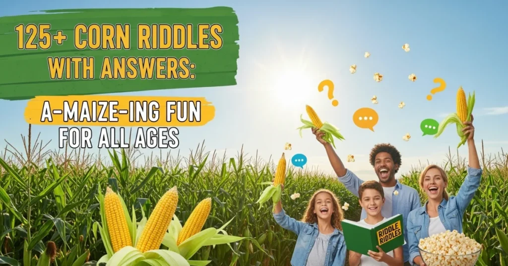 Family enjoying corn riddles book in cornfield with 125+ riddles for all ages