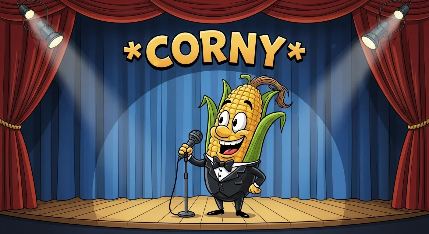 Cartoon corn character performing stand-up comedy on stage with microphone