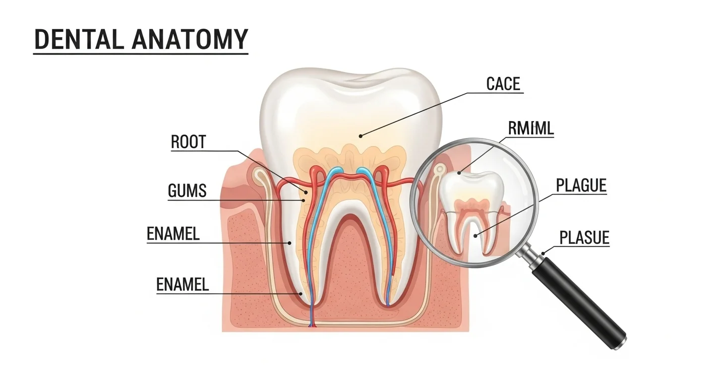 125+ Tooth Riddles & Answers: A Fun Journey Through Dental Health 5 Detailed dental anatomy diagram showing tooth structure with magnifying glass highlighting plaque and bacterial buildup on root, enamel, and gum areas