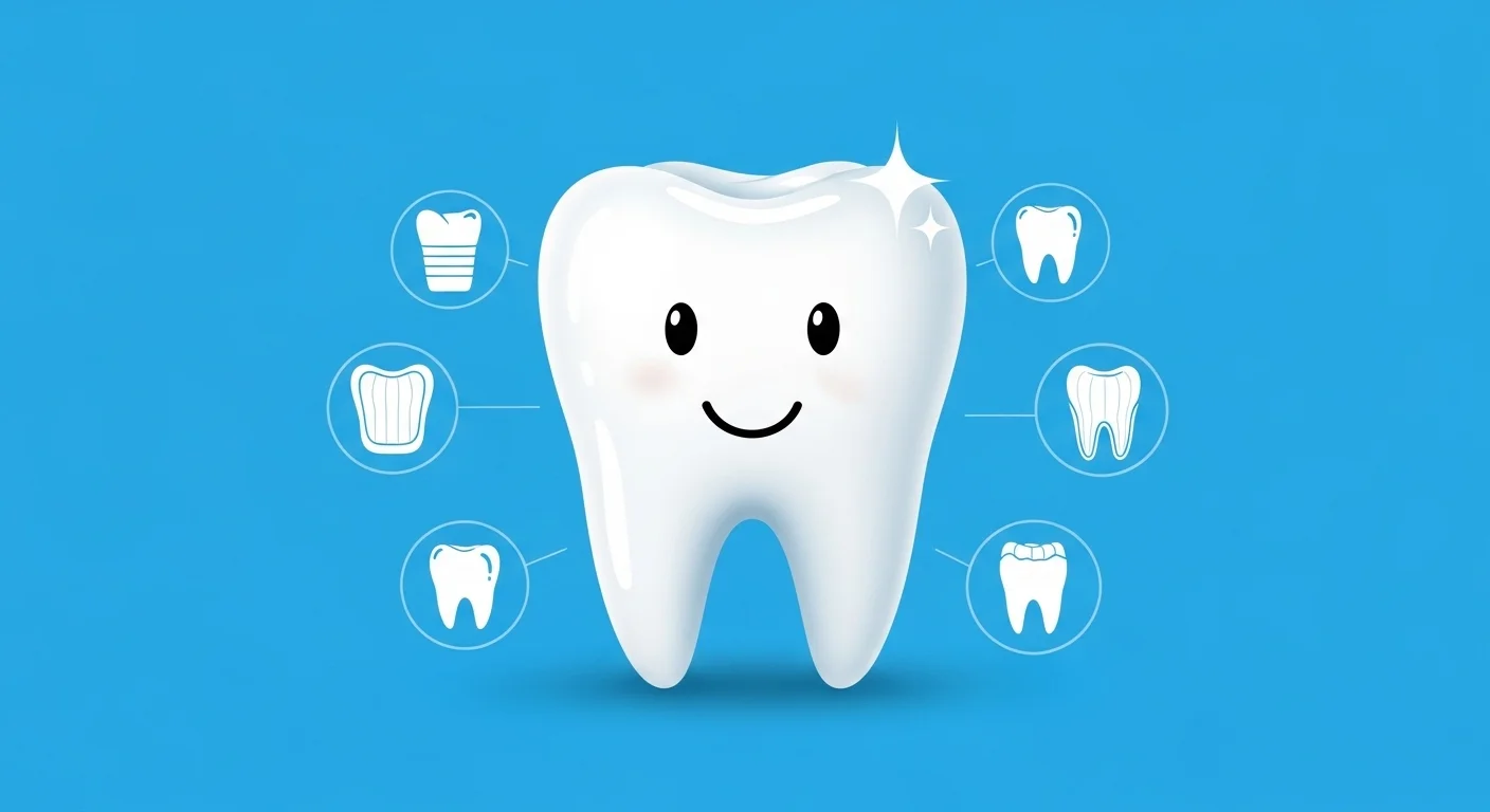 Clean white tooth illustration surrounded by dental service icons including dental implants, crowns, and various dental procedures on blue background