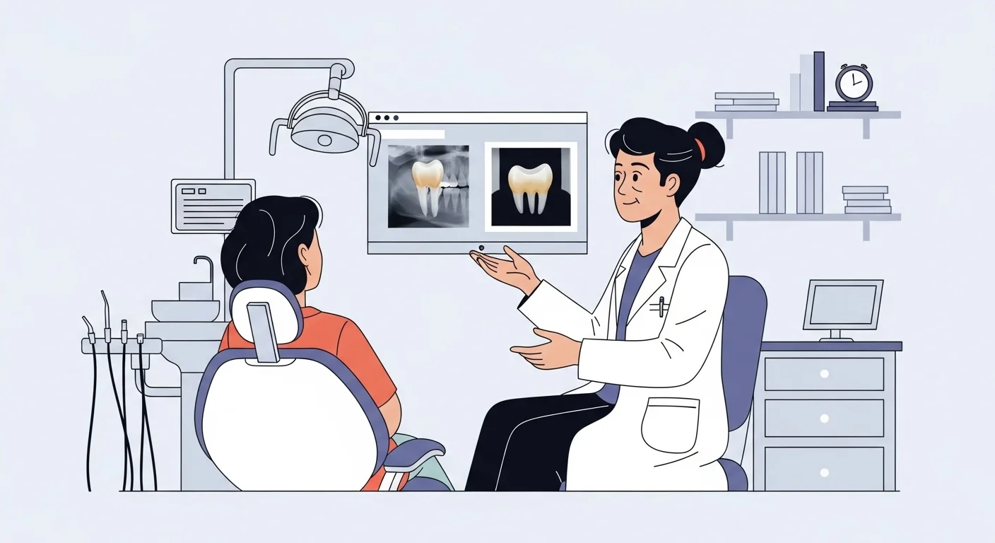 Female dentist in white coat consulting with patient in dental chair while reviewing tooth X-rays on computer monitor in modern office