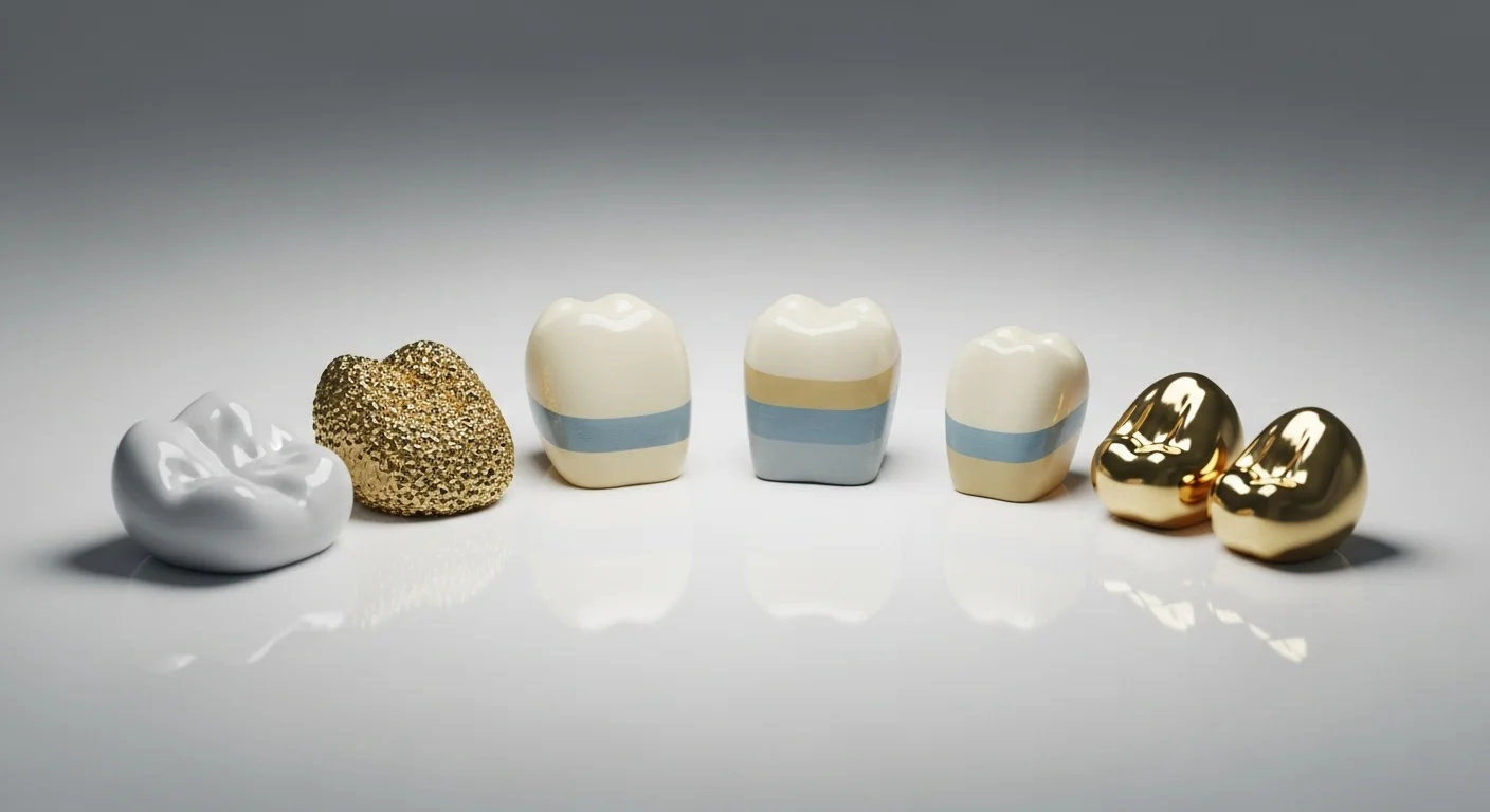 Collection of different dental crown materials including porcelain, gold, and ceramic restorations displayed on white background