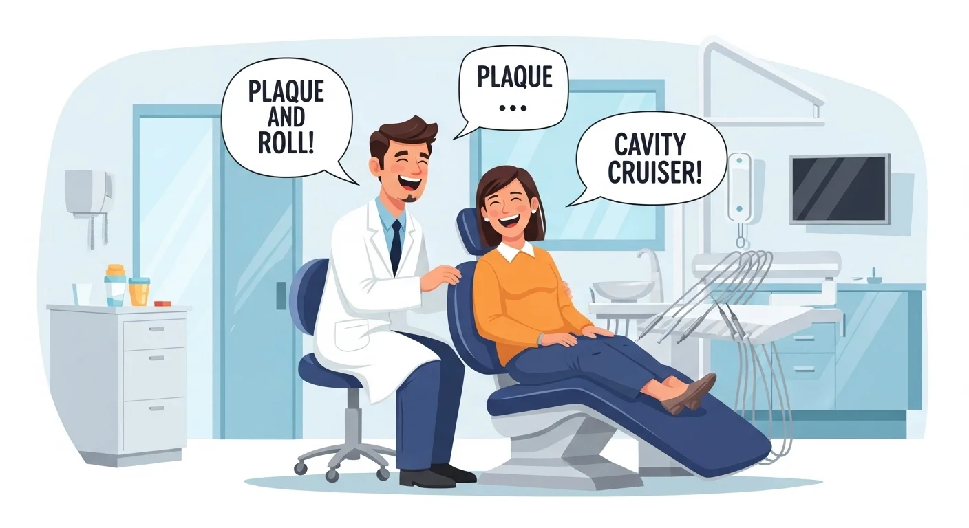 125+ Tooth Riddles & Answers: A Fun Journey Through Dental Health 3 Friendly dentist and patient sharing dental jokes in modern dental office, with speech bubbles showing "Plaque and Roll" and "Cavity Cruiser" humor