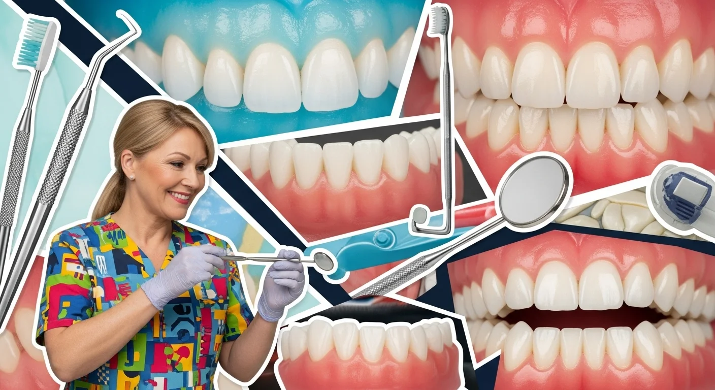 Smiling dental hygienist in colorful scrubs holding dental instruments with collage of healthy teeth and gums examination images