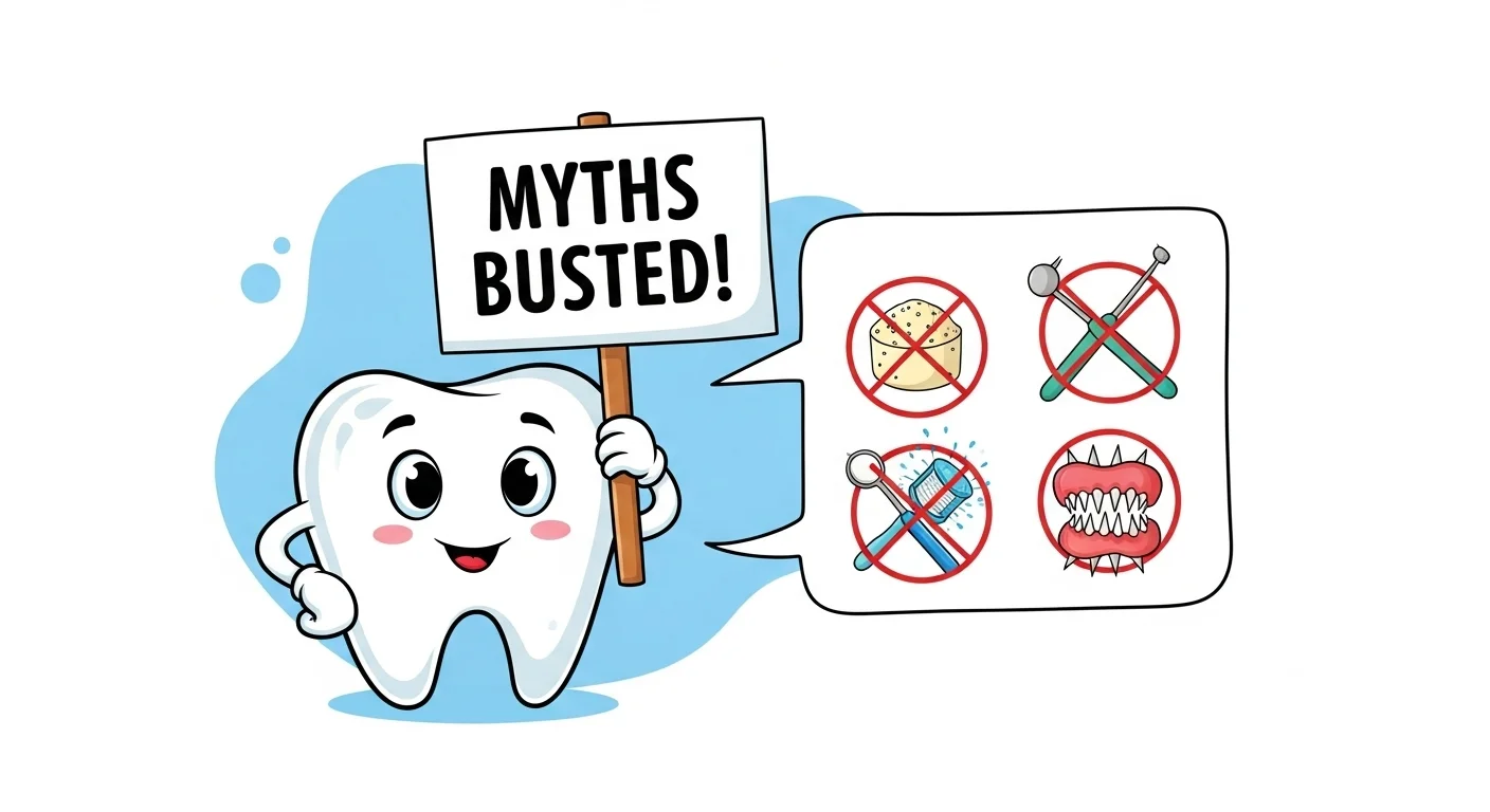 125+ Tooth Riddles & Answers: A Fun Journey Through Dental Health 11 Cartoon tooth character holding myths busted sign with crossed-out dental misconceptions including sugary foods, dental tools, and unhealthy practices