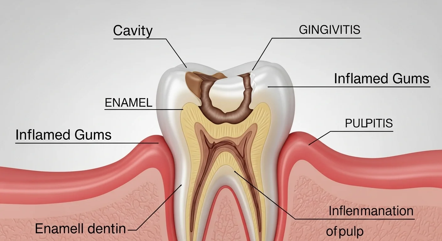 Cross-section diagram of tooth showing dental problems including cavity, gingivitis, inflamed gums, pulpitis, and enamel dentin layers