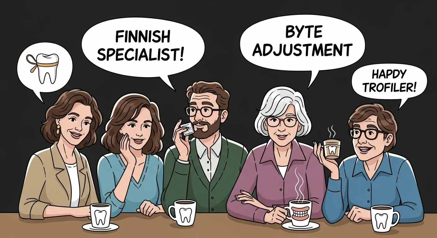 125+ Tooth Riddles & Answers: A Fun Journey Through Dental Health 4 Group of diverse dental professionals networking over coffee, discussing specialties including Finnish specialist, byte adjustment, and happy trofiler