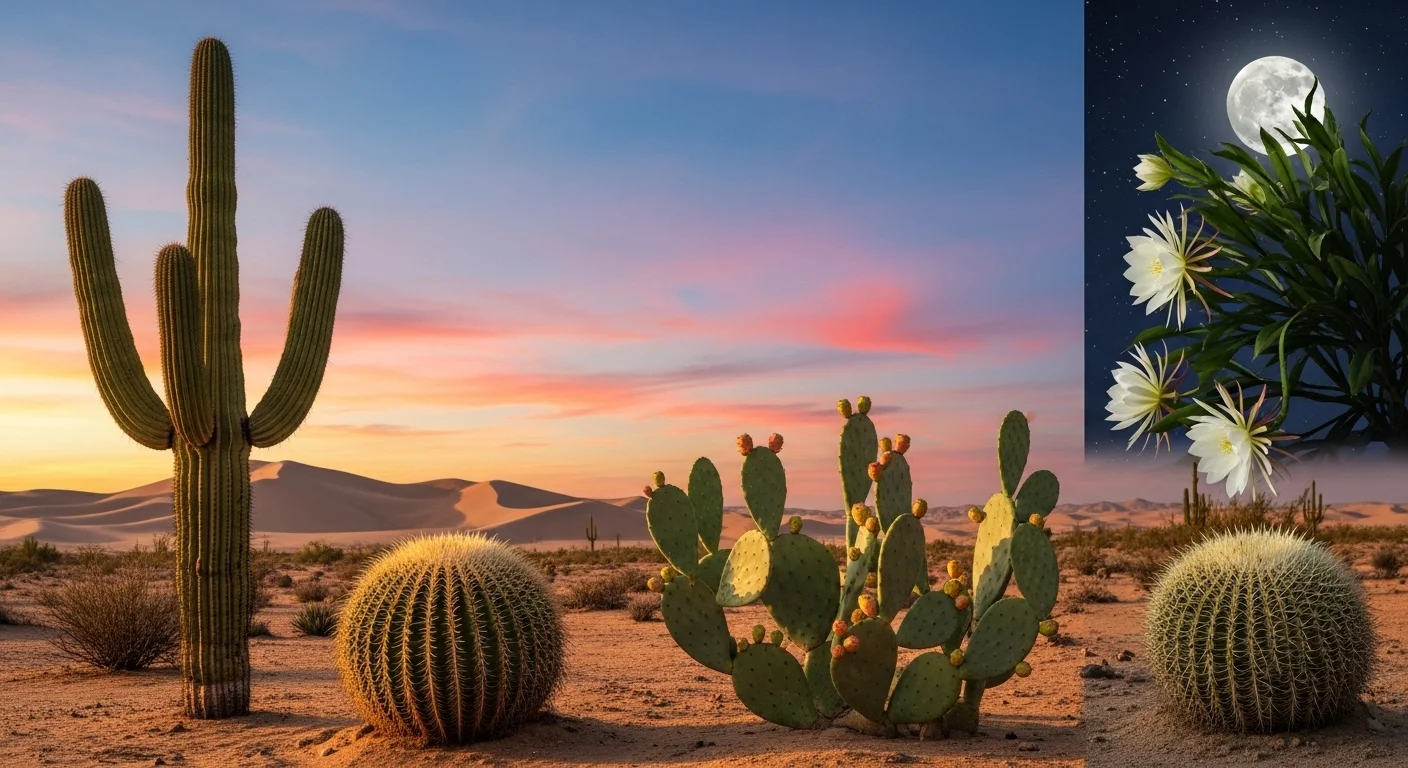Desert landscape with saguaro, barrel cactus and night-blooming cereus