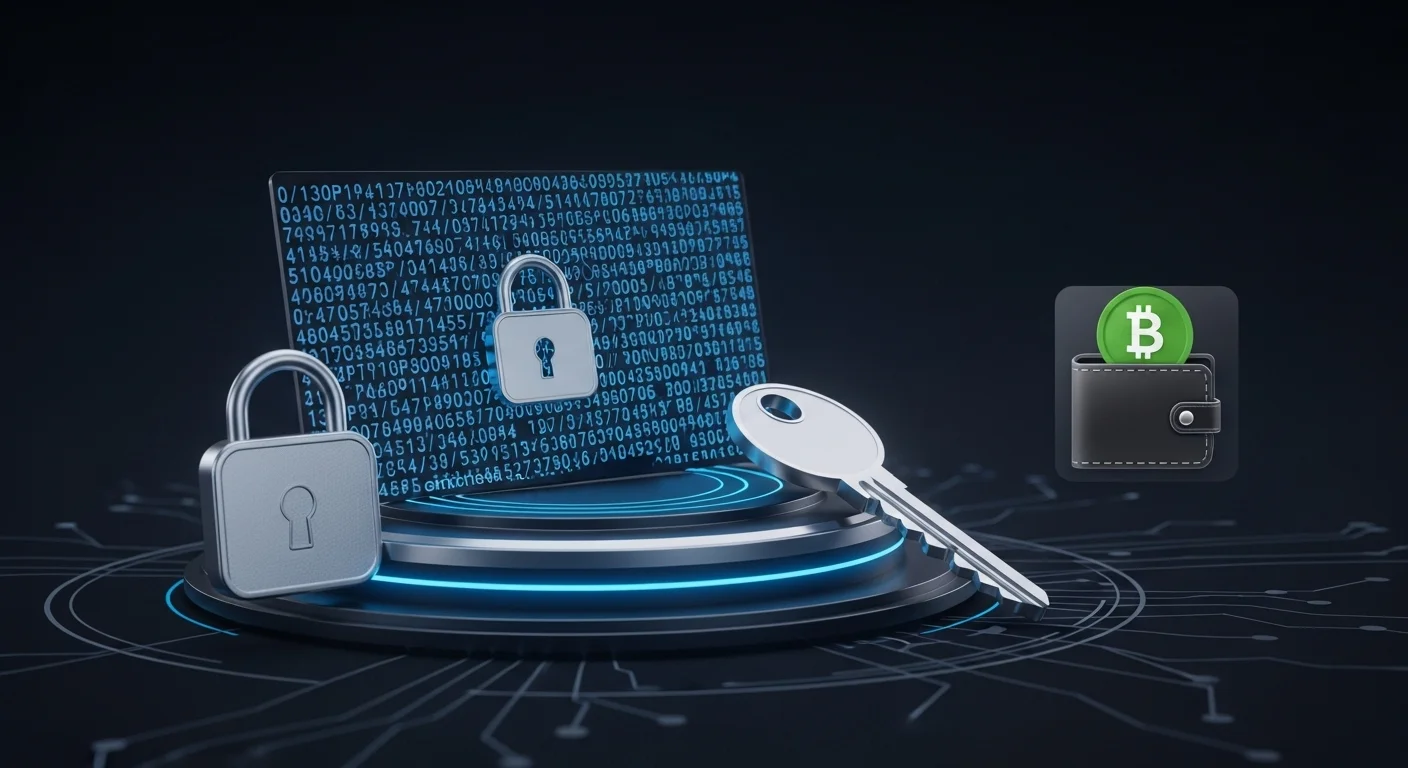 125+ Key Riddles with Answers to Unlock Your Mind 5 3D digital security scene with padlocks, key, binary code display and Bitcoin wallet representing cybersecurity