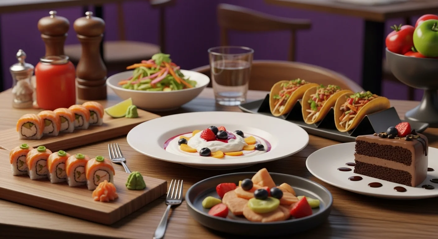 Colorful restaurant menu items including sushi tacos desserts arranged professionally
