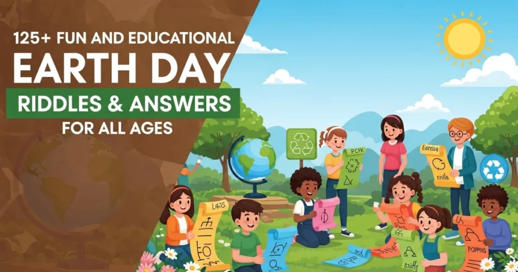Children sitting outdoors with Earth Day riddles and educational materials featuring recycling symbols and environmental themes