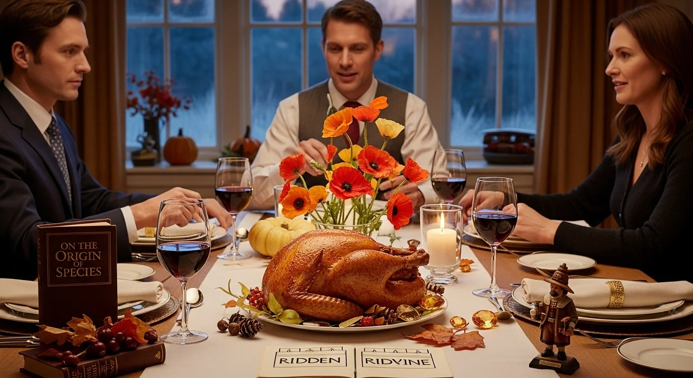 Sophisticated adults enjoying November riddles at formal Thanksgiving dinner