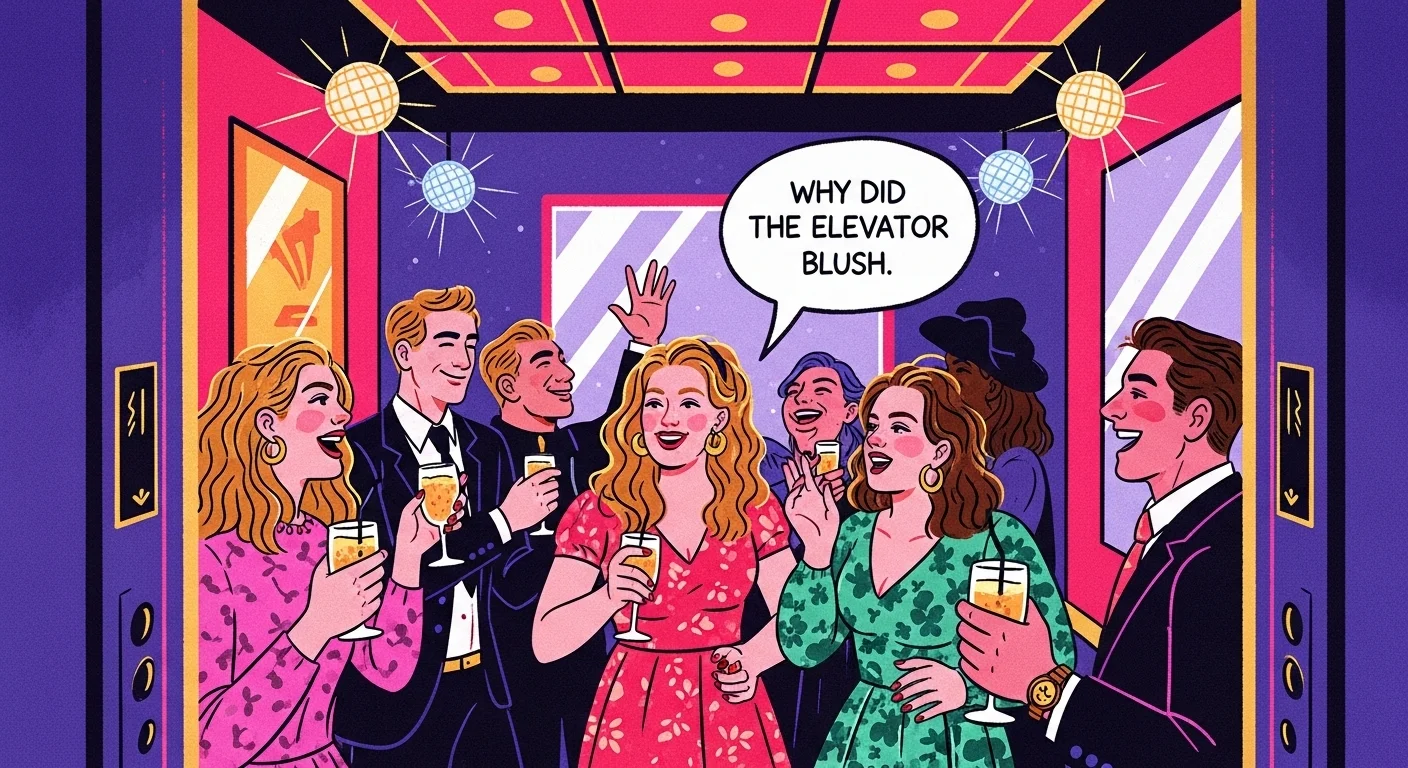 Elevate Your Elevator Rides: 125+ Elevator Riddles to Spark Fun and Laughter 4 Festive group celebrating in decorated elevator with riddle speech bubble