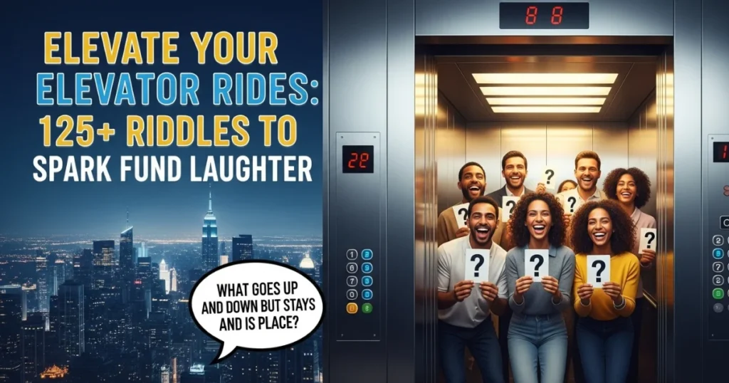 Group of diverse people laughing in elevator holding question marks