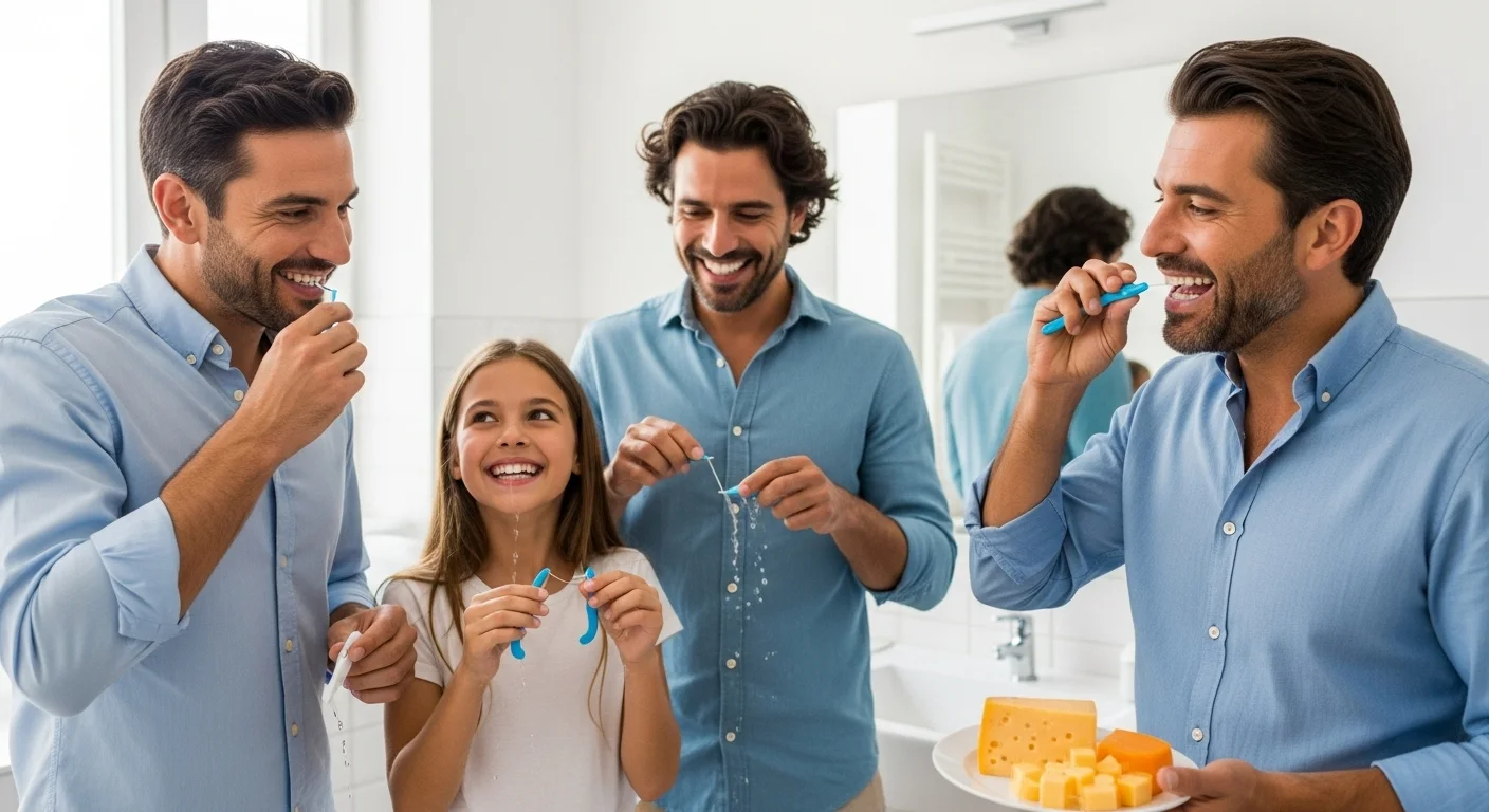 Happy family of four brushing teeth together in bathroom, demonstrating proper dental hygiene habits