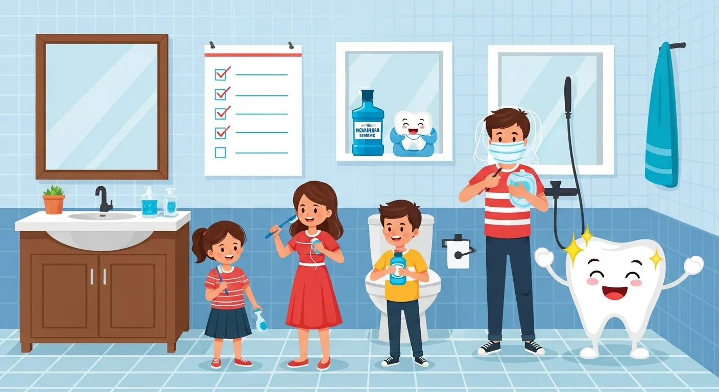125+ Tooth Riddles & Answers: A Fun Journey Through Dental Health 9 Happy family of four practicing daily oral hygiene routine in bathroom with toothbrushes, mouthwash, and cheerful cartoon tooth character