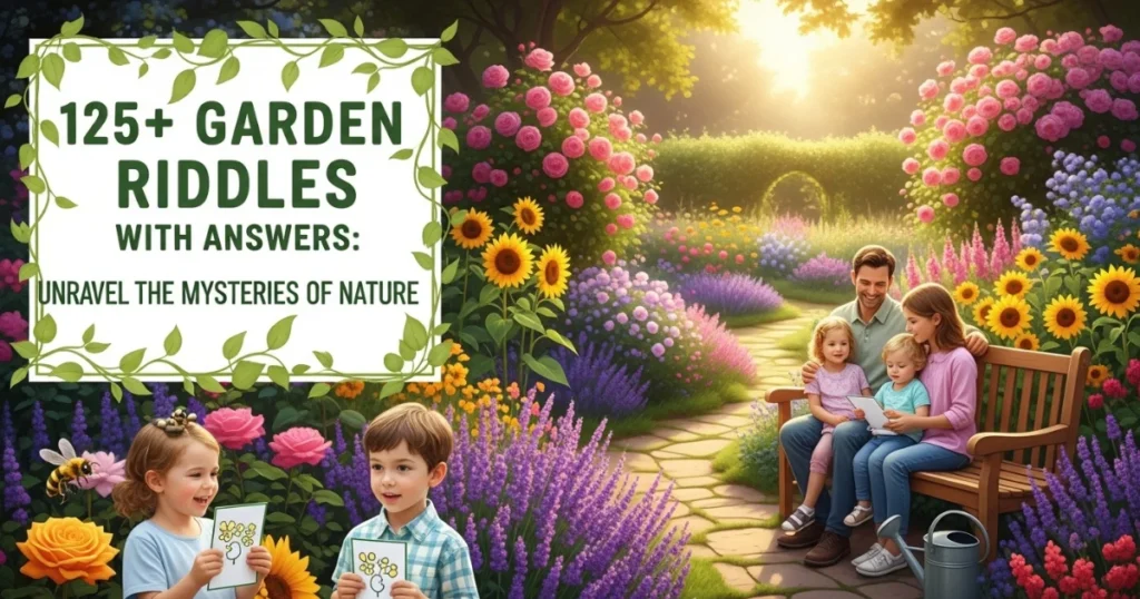 Family enjoying garden riddles and nature activities together outdoors
