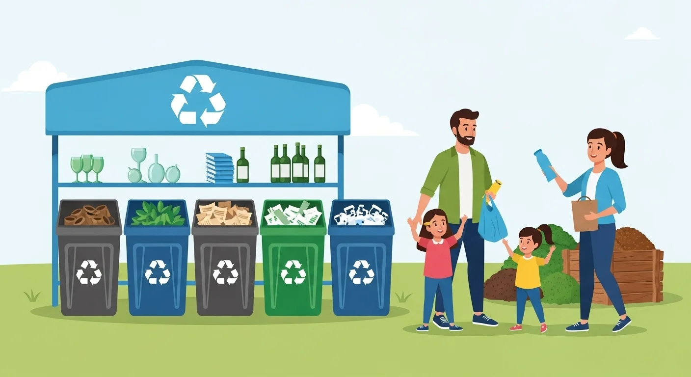 125+ Fun and Educational Earth Day Riddles & Answers for All Ages 3 Family with children sorting recyclable materials into color-coded bins at recycling station