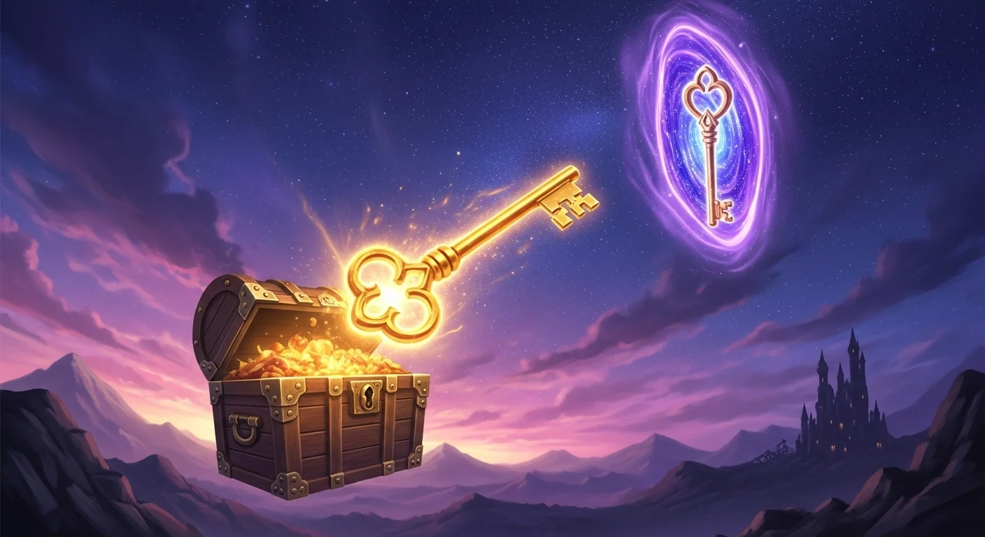 125+ Key Riddles with Answers to Unlock Your Mind 8 Glowing golden key emerging from treasure chest with magical portal in fantasy landscape