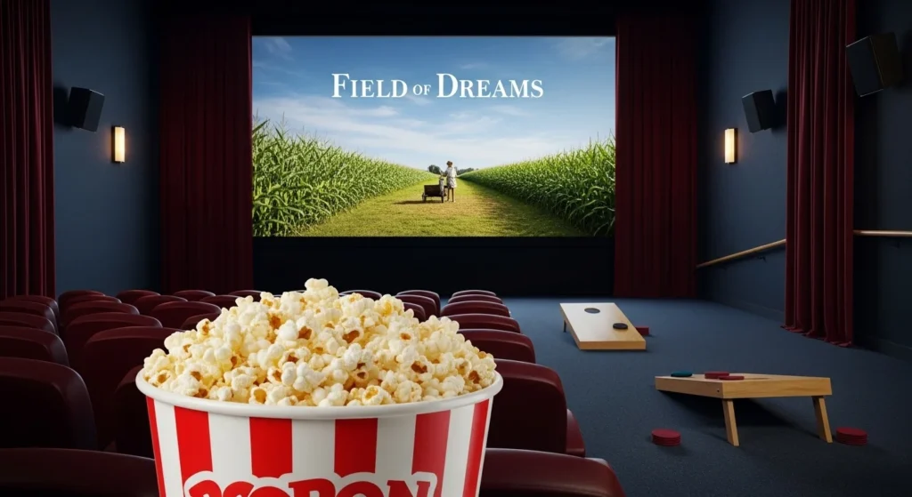 Movie theater showing Field of Dreams with large popcorn container and corn field scene