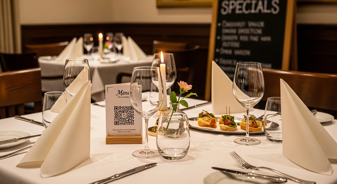 Elegant fine dining restaurant with formal table settings candles wine glasses