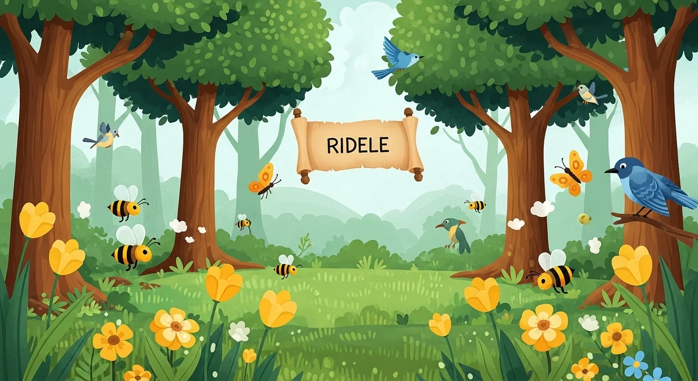 125+ Fun and Educational Earth Day Riddles & Answers for All Ages 2 Peaceful forest scene with trees, birds, bees, butterflies and flowers featuring a riddle banner for environmental education
