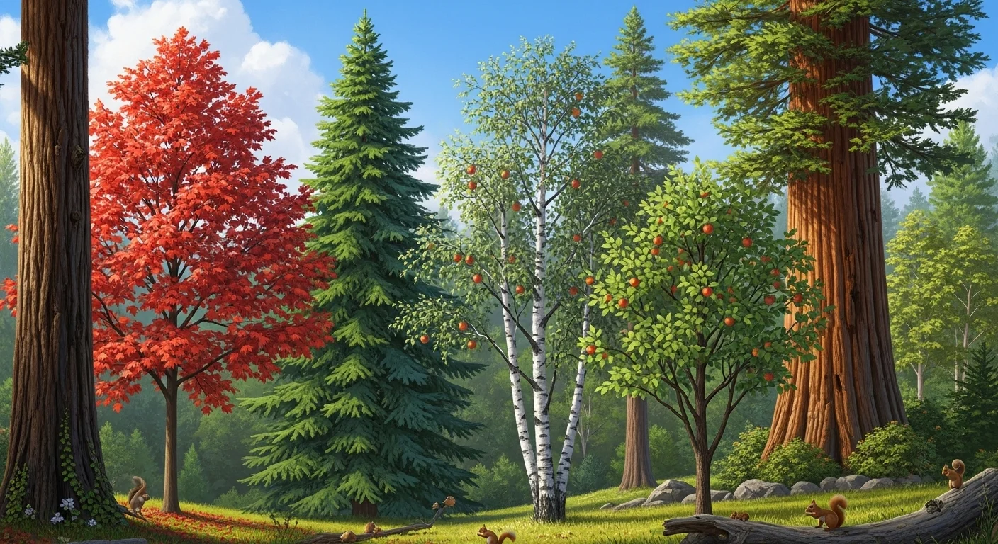 Forest ecosystem showing maple, pine, birch, fruit trees identification
