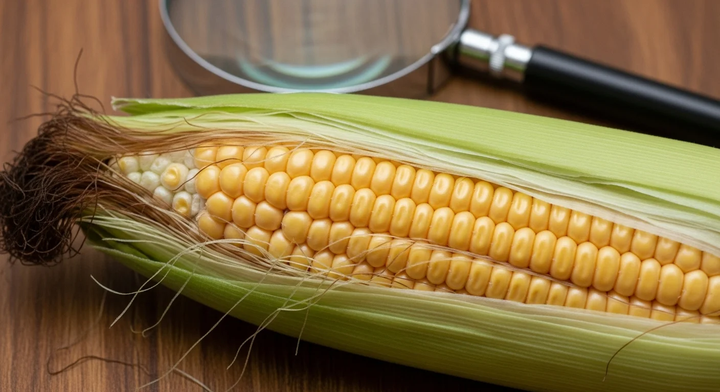 Fresh corn ear with magnifying glass for detailed examination and riddles