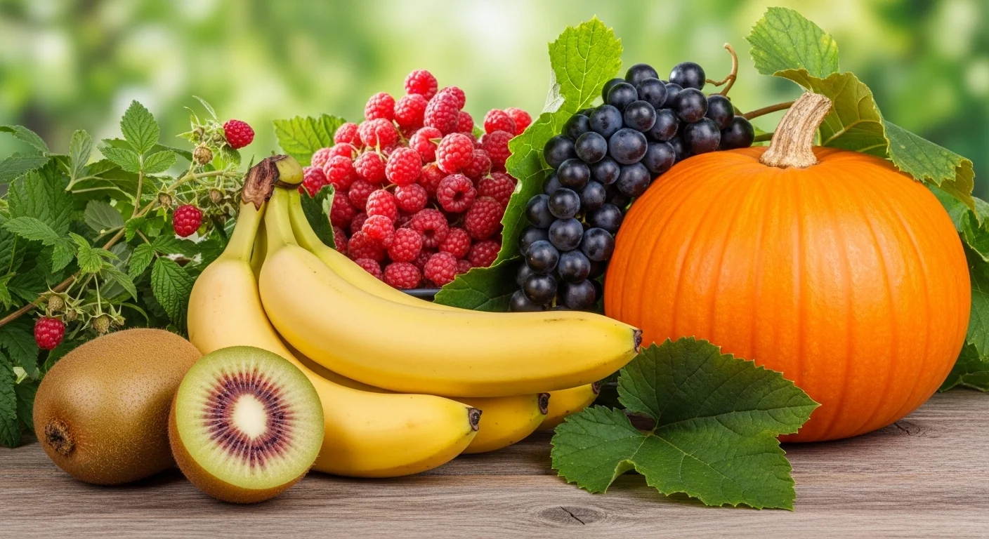 Fresh fruit harvest showing kiwi, bananas, raspberries, grapes, pumpkin