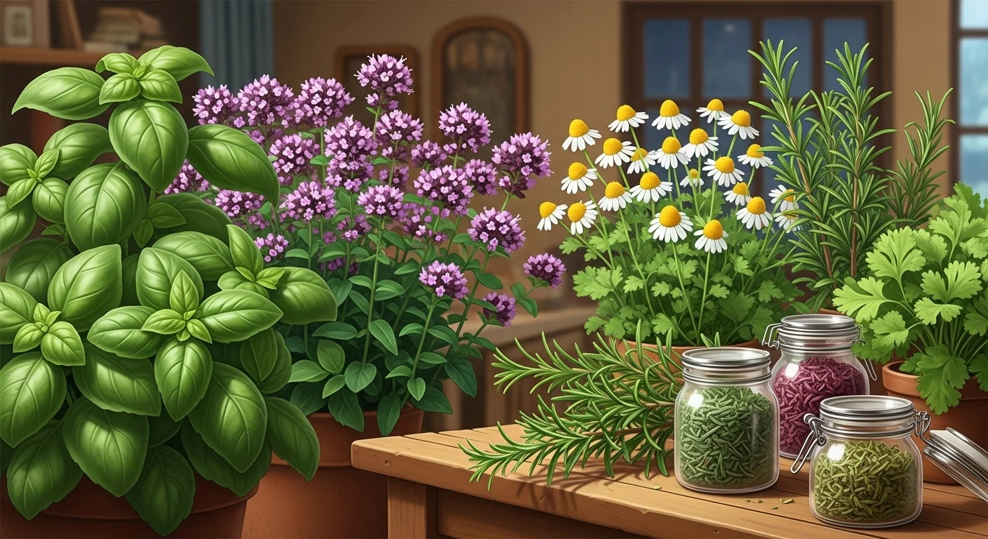 Fresh herb garden with basil, oregano, chamomile flowers and storage jars