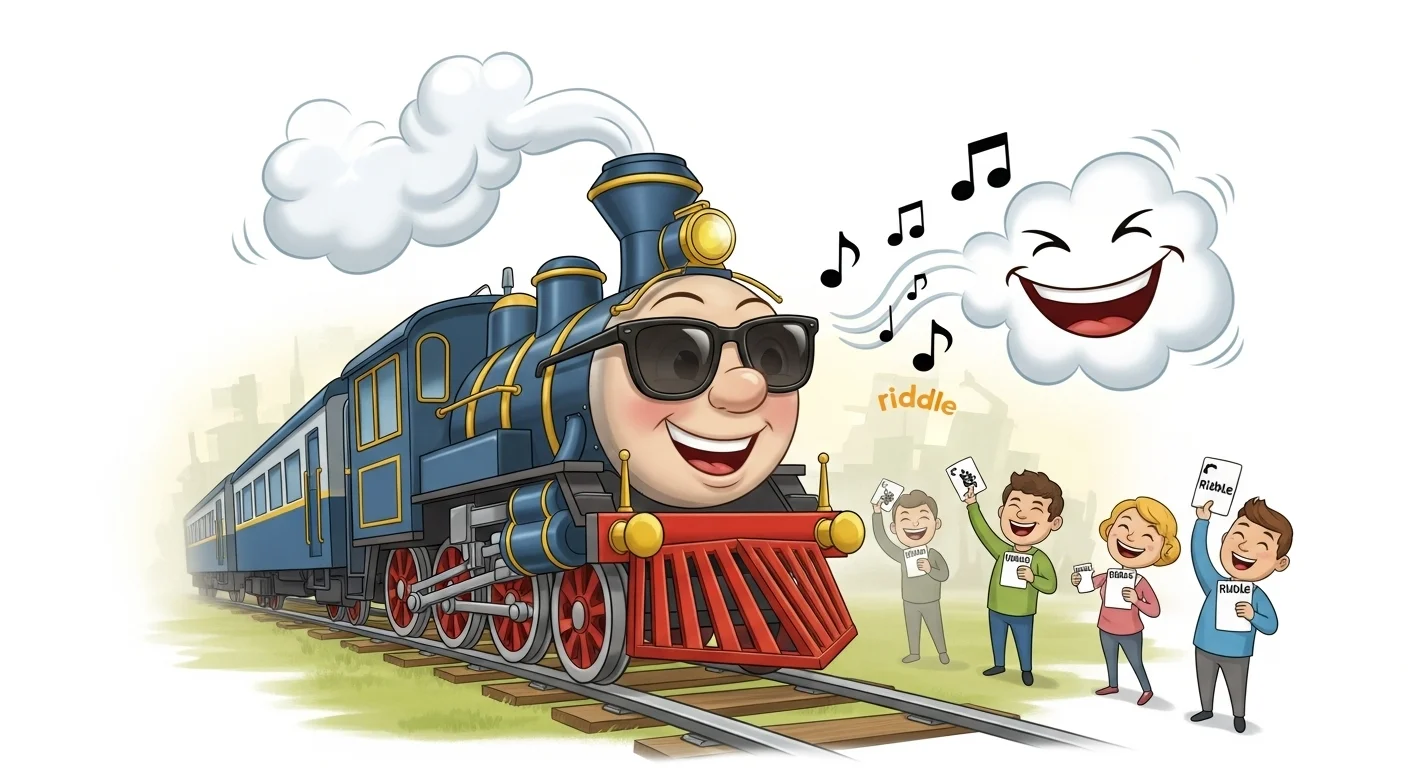 Happy cartoon train with sunglasses and laughing cloud enjoying riddles