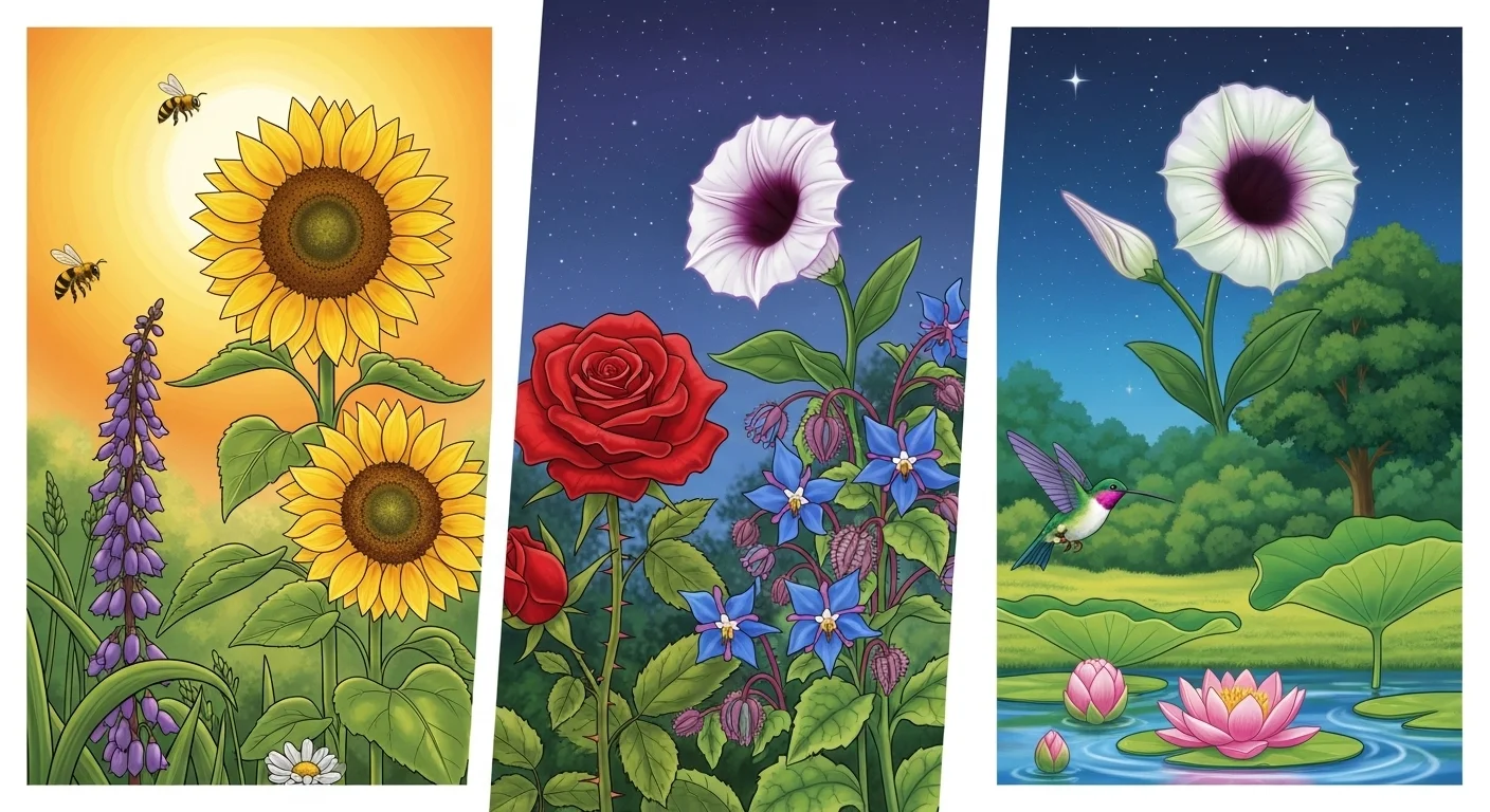 Garden flowers with bees, sunflowers, roses, morning glories, water lilies