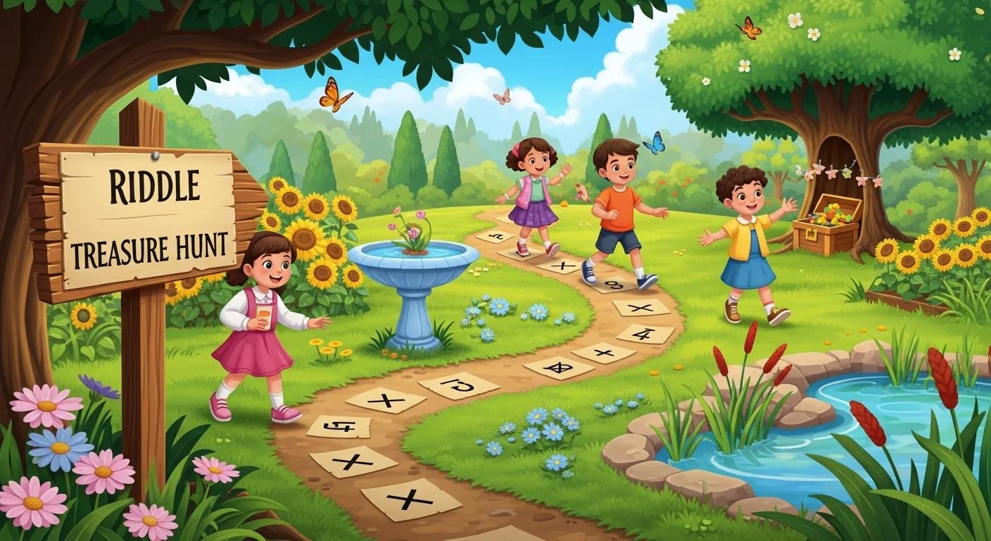 125+ Garden Riddles with Answers: Unravel the Mysteries of Nature 3 Children following clues in garden riddle treasure hunt adventure