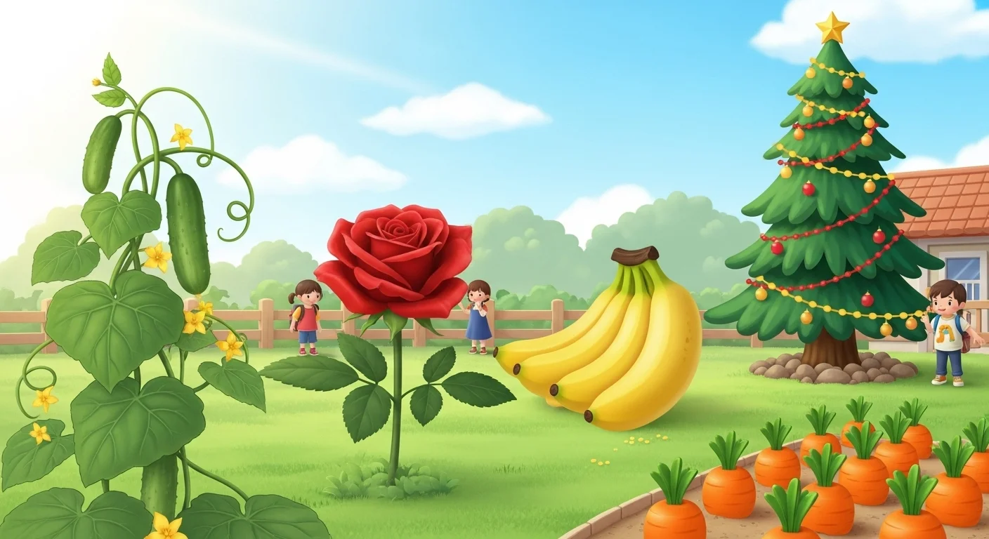 Whimsical garden scene featuring plant riddle characters and fruits