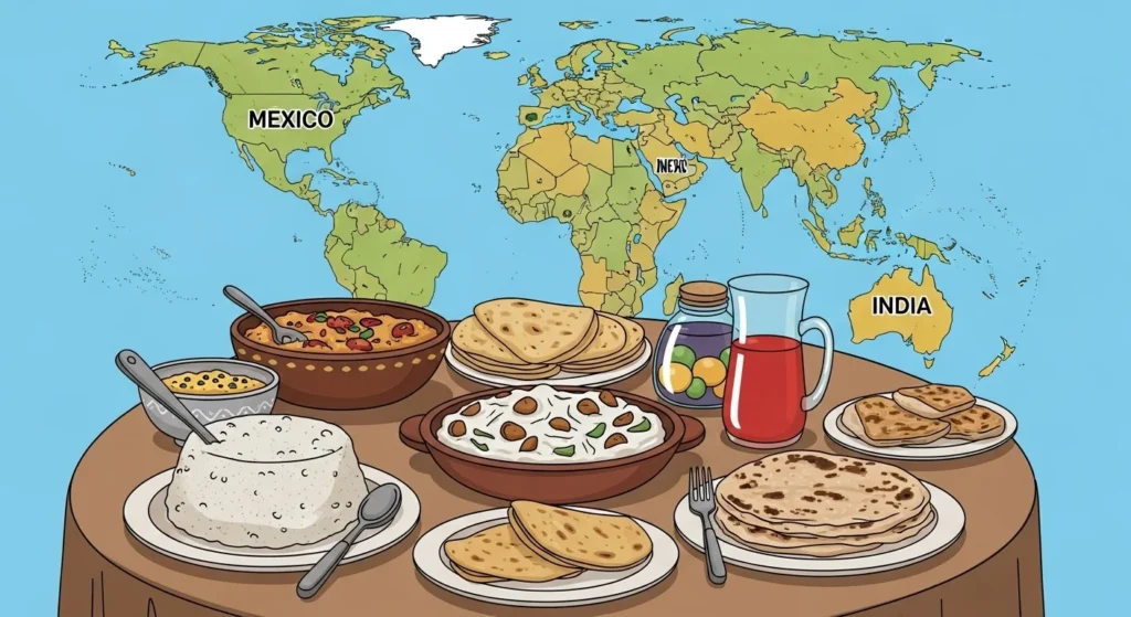World map showing traditional foods from different countries with Mexico and India highlighted, featuring flatbreads, curry, and various cultural dishes on a wooden table