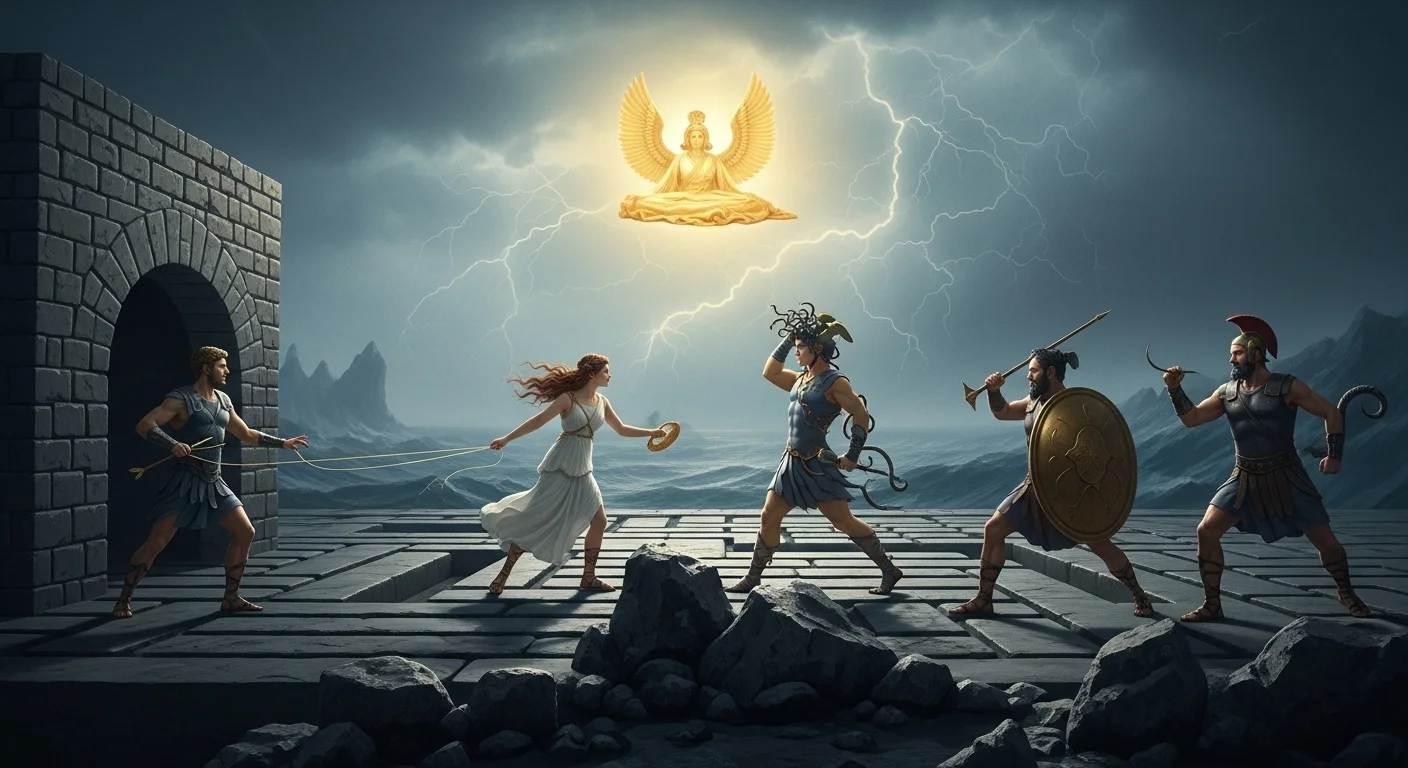125+ Greek Riddles with Answers: Unravel the Mysteries of Ancient Greece 7 Greek warriors with divine figure appearing above ancient ruins
