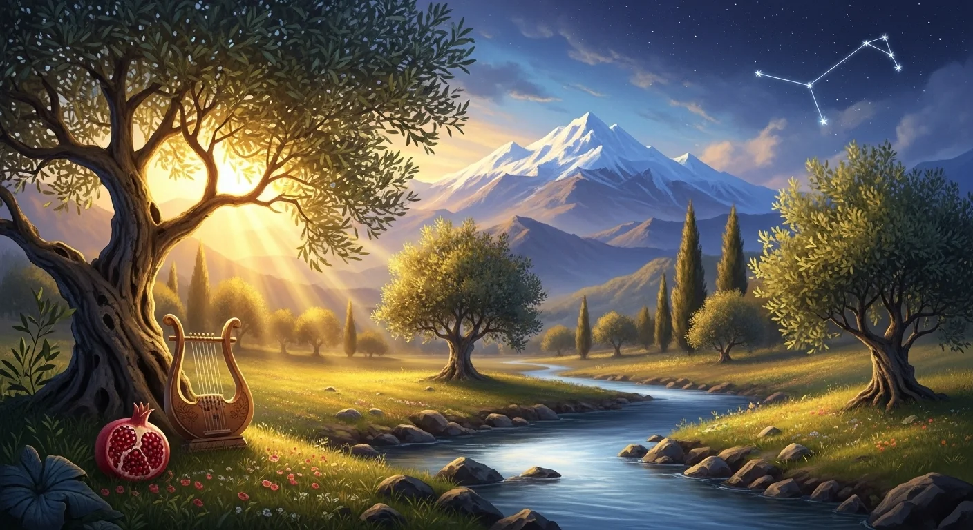 125+ Greek Riddles with Answers: Unravel the Mysteries of Ancient Greece 5 Peaceful Greek countryside with lyre, pomegranate, and stars