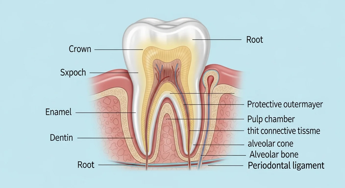 Detailed cross-section of healthy tooth anatomy showing crown, root, enamel, dentin, pulp chamber, and periodontal structures