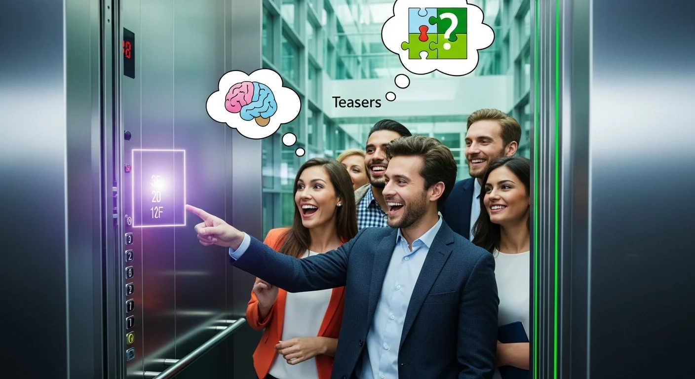 Elevate Your Elevator Rides: 125+ Elevator Riddles to Spark Fun and Laughter 2 Business professionals using touchscreen elevator with digital brain teasers