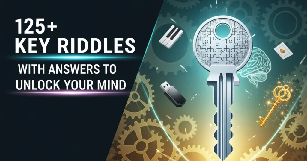 Key riddles collection with brain puzzle graphics and gears background