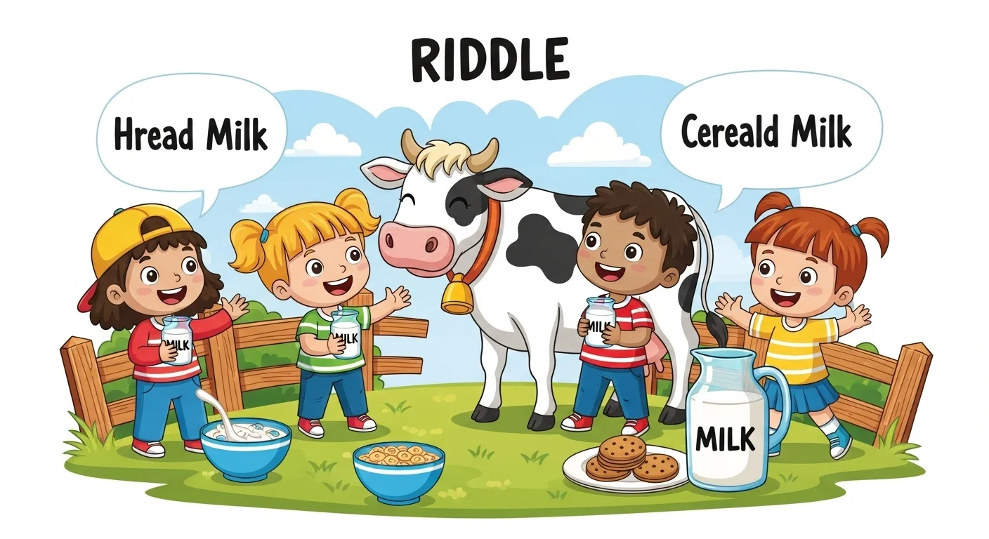 125+ Milk Riddles with Answers: A Creamy Collection for Kids and Adults 1 Children solving milk riddles on farm with friendly cow character