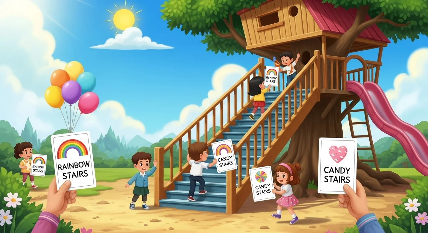 Children playing with colorful stair riddle cards at wooden playground with treehouse and slide