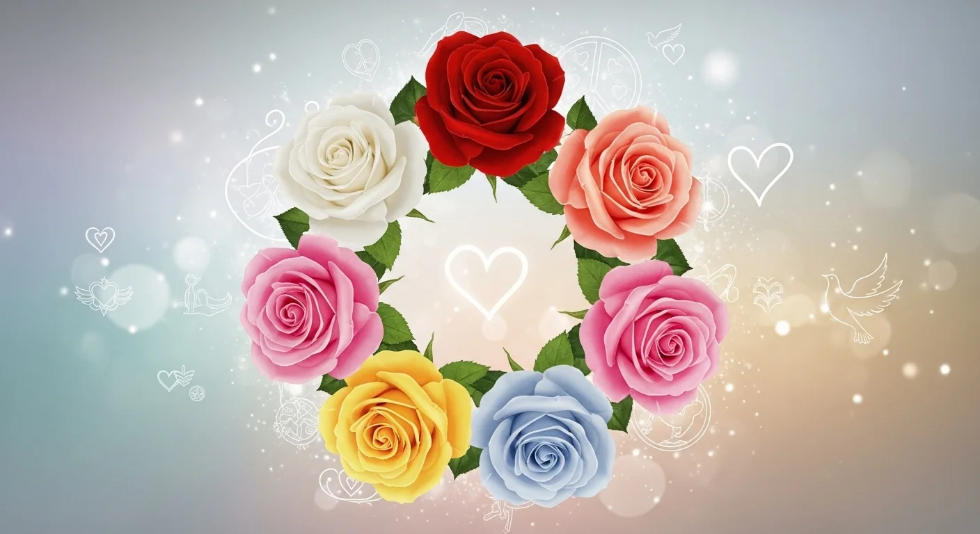125+ Rose Riddles with Answers: A Blooming Collection of Wit and Wonder 8 Seven colorful roses arranged in circle with mystical hearts, stars and magical symbols on ethereal background